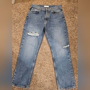 TOP SHOP WOMEN'S DAD STRAIGHT LEG BUTTON FLY JEANS. Size 10. Med wash w/distress